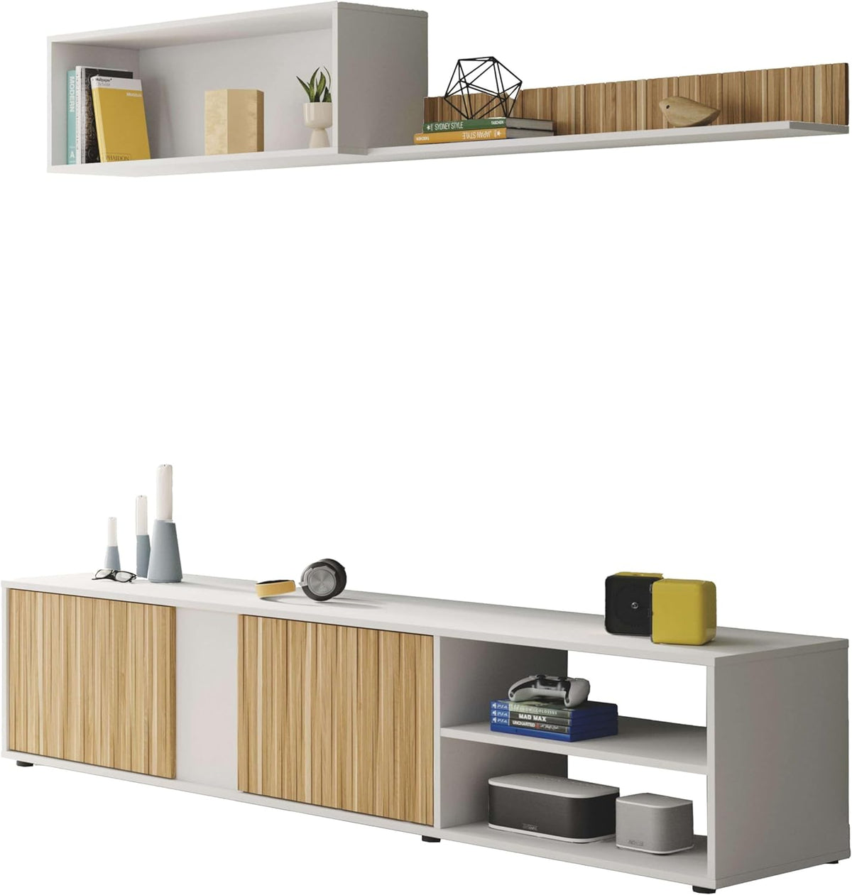 Habitdesign Tv-meubel, omkeerbaar, model Ecco, witte afwerking, artik en natuur, afmetingen: 40 cm (H) x 180 cm (B) x 33 cm (D)