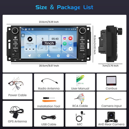 4+128G autoradio voor Jeep Wrangler 2007-2018, Android 15 met 7-inch In-Cell scherm, ondersteunt draadloze CarPlay en Android Auto, Mirror Link, FM/RDS-radio, GPS, wifi, Bluetooth en SWC.