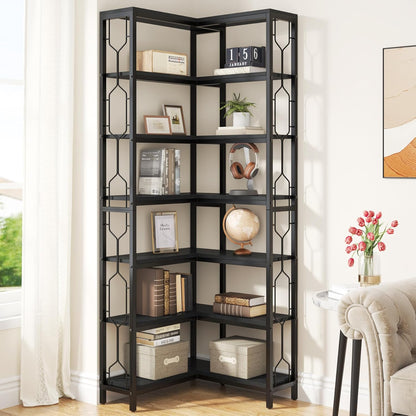 Tribesigns Corner Shelf, 7 Tier Industrial Corner Bookshelf, Wooden and Metal Corner Bookcase, Freestanding Display Shelf for Living Room, Kitchen, Home Office, Black