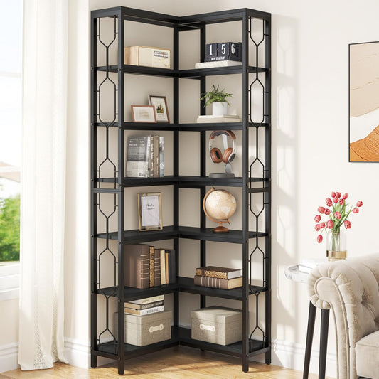 Tribesigns Corner Shelf, 7 Tier Industrial Corner Bookshelf, Wooden and Metal Corner Bookcase, Freestanding Display Shelf for Living Room, Kitchen, Home Office, Black