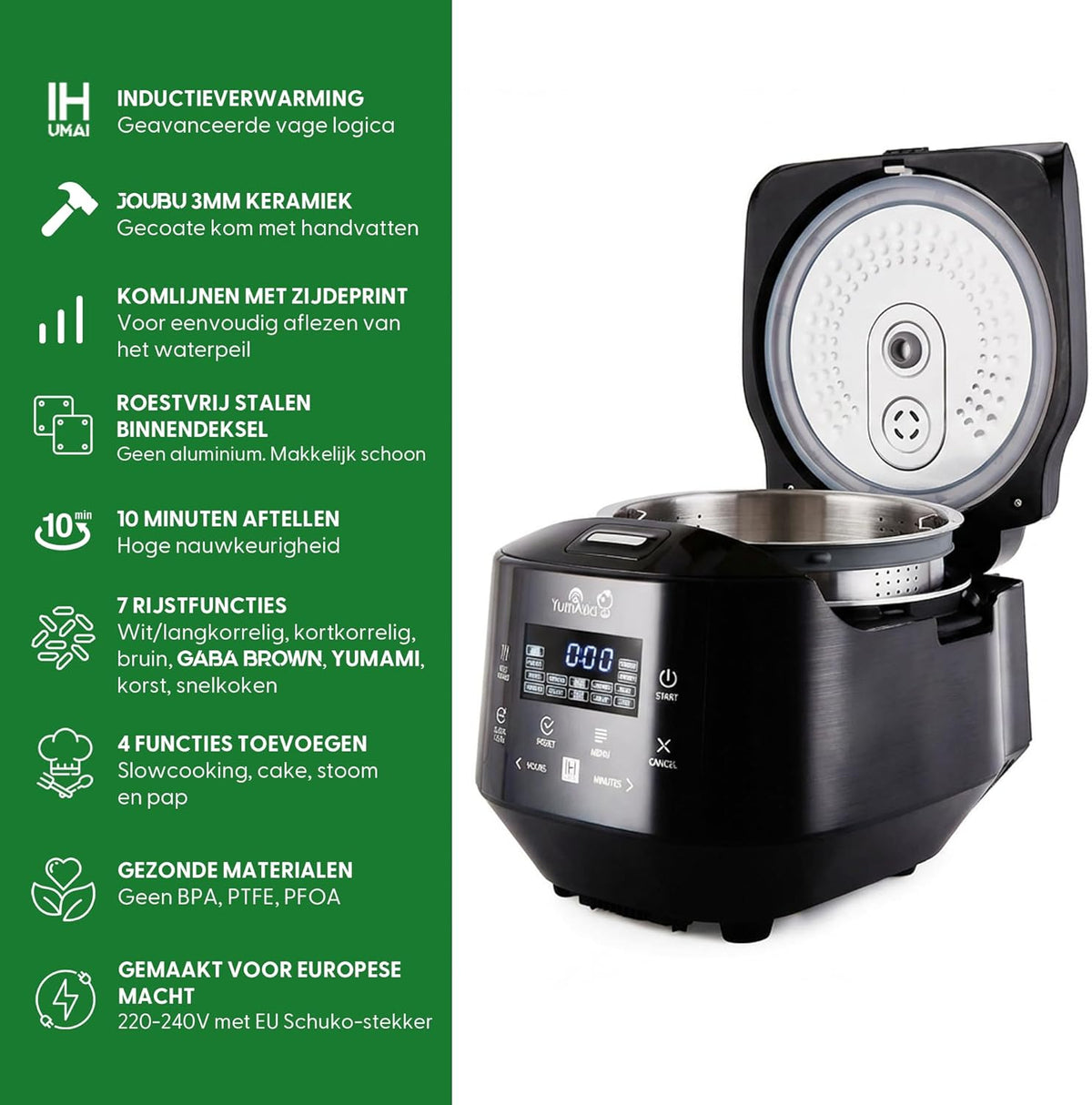 Yum Asia Bamboo rijstkoker met inductieverwarming (IH) en keramische schaal, 7 rijstkookfuncties, 4 multikookfuncties, Motouch led-display (1,5 liter) 220-240V Europa Power (antracietzwart)