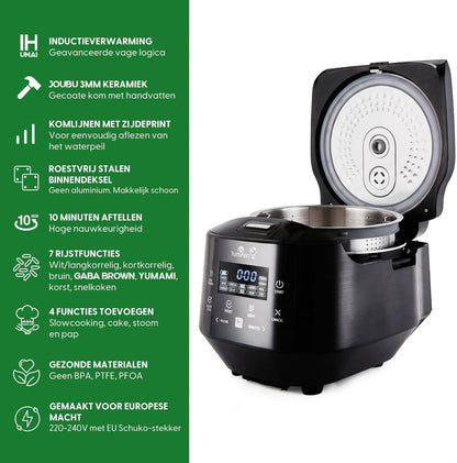 Yum Asia Bamboo rijstkoker met inductieverwarming (IH) en keramische schaal, 7 rijstkookfuncties, 4 multikookfuncties, Motouch led-display (1,5 liter) 220-240V Europa Power (antracietzwart)