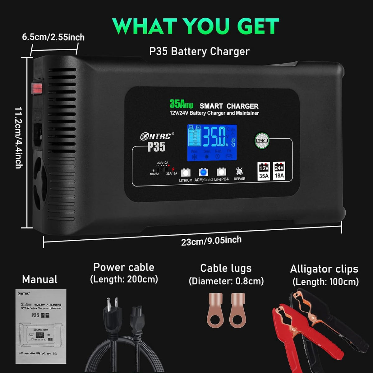 SolaMr 35A Autoacculader, 12V en 24V Intelligente Volautomatische Accutester met Pulsherconditionering voor Vrachtwagens, Motoren, Lithium- en Loodzuuraccu's voor de Scheepvaart - P35