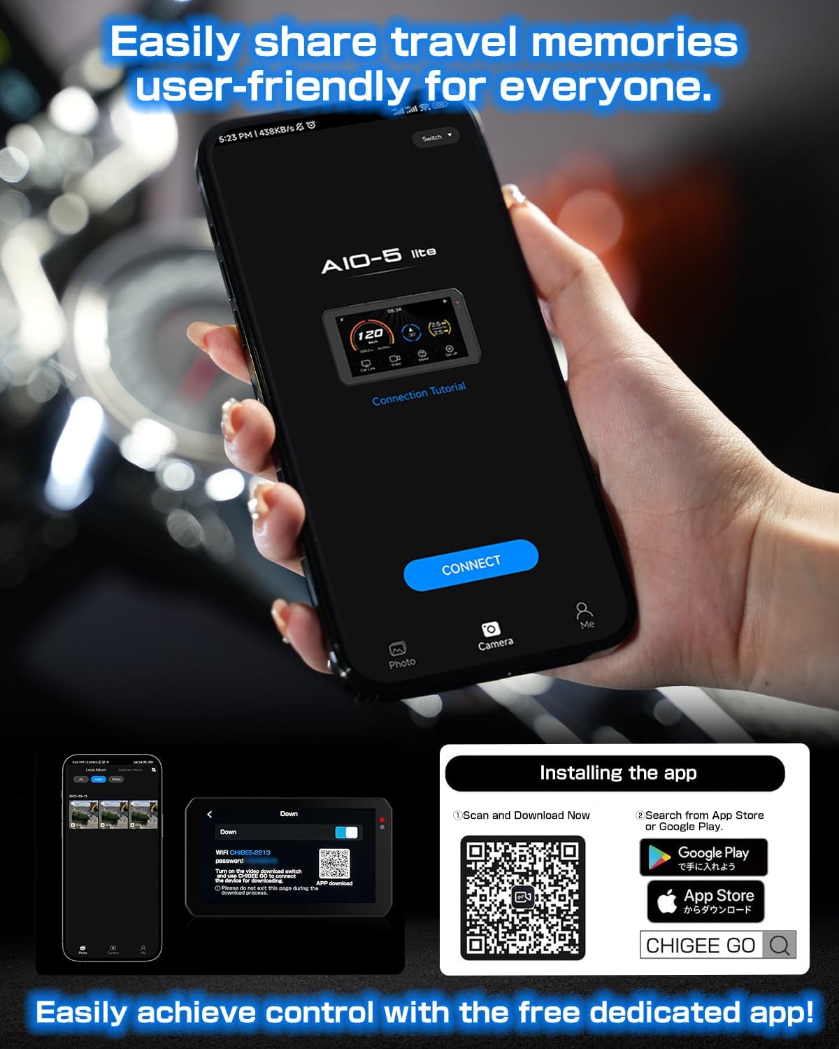 CHIGEE AIO-5 Lite Auto GPS navigatiesysteem motorfiets Carplay BSD Starvis HDR 5 inch LCD 60 fps 5G Wi-Fi BT IP67 waterdicht 24H parkeermodus app
