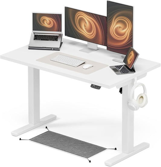 Height Adjustable Desk, 120x60cm, Electric with Memory Function, Standing Desk, Computer Table, Cable Management and Hooks, Adjustable Standing Desk for Office and Home, White - QUORE