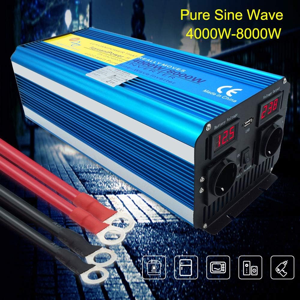 Spanningsomvormer 4000W 12V 230V zuivere sinus omvormer afstandsbediening 2 LED Power Inverter 2 stopcontacten en USB / 8000 W stootkracht