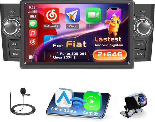 2G+64G Radio for Fiat Punto(05-09)/Linea(07-11), 7'' Android 15 Screen with Wireless Carplay/Android Car Mirror Link GPS FM/RDS Radio EQ WIFI Bluetooth 26 UI SWC Dual USB Input - QUORE