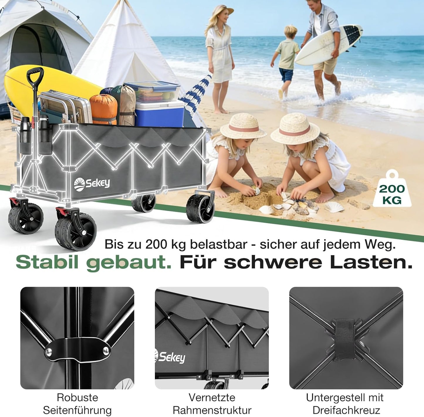 Sekey XXXL Bolderkar, opvouwbaar, 300 l, 200 kg belastbaar, opvouwbare bolderkar, 17 x 10 cm, extra brede banden, voor alle terreinen, gepatenteerd inklapbaar uit vier richtingen, XXXL-Super 4013,