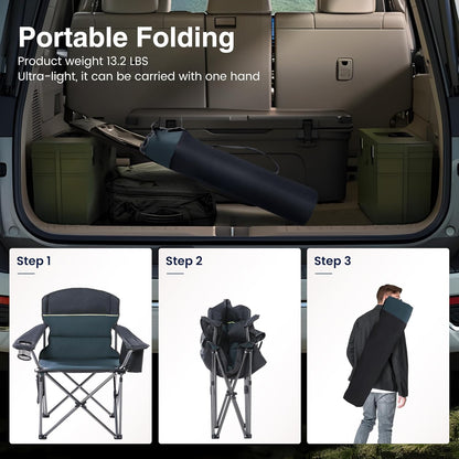 HIGH POINT SPORTS Opvouwbare campingstoel, zware extra grote draagbare buitenstoel, opvouwbare campingstoel met bekerhouder en koeltasondersteuning 204 kg, groen..