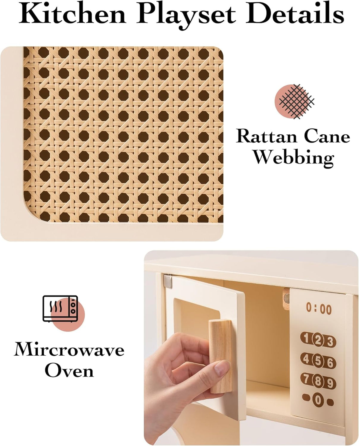 ROBOTIME Houten speelkeuken voor kinderen, realistische speelgoedkeuken met nep-ijsdispenser en rotan mesh-element, fantasiespel kookset voor peuters, cadeau voor jongens en meisjes vanaf 3 jaar