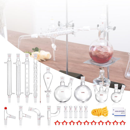 Laboratoriumglasdistillatieset – Glasdistillatieset – Laboratoriumdestillatieset – Destillatieset – Distillatieapparatuur – 32-Delige Set 1000 Ml – Hittebestendig Borosilicaatglas 3.3 – 24/40 Slijpverbindingen