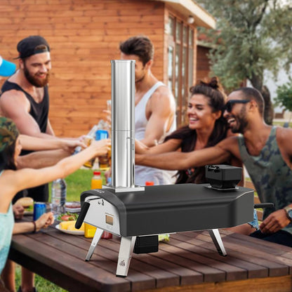 Mimiuo Wood Pellet Pizza Oven met Automatisch Draaisysteem, Draagbare Pizzaoven met 33cm Pizzasteen, Outdoor Pizzaoven voor Picknick Feest Vamping, Zwart