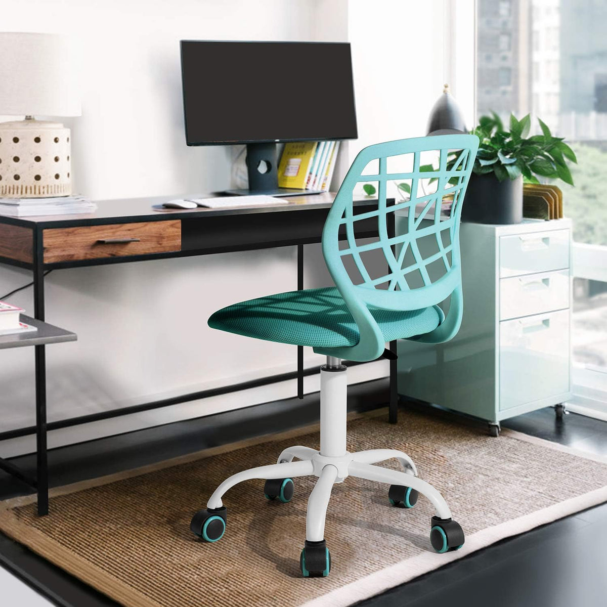 FurnitureR 2 stuks Home Office-stoel, ergonomische verstelbare hoogte draaibare rolstoel, computerstoel voor thuis, kantoor en studie, metaal, roze, turquoise, 38,5 cm x 40 cm x 75-87 cm
