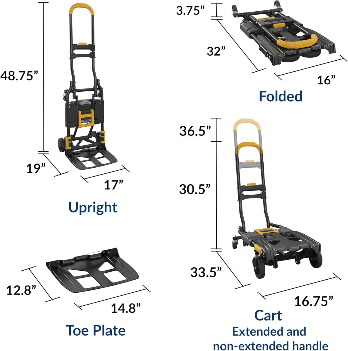 COSCO 12225YGB1E 2-in-1 opvouwbare steekwagen, 300 lbs, capaciteit, meerdere posities met uitschuifbare handgreep, geel