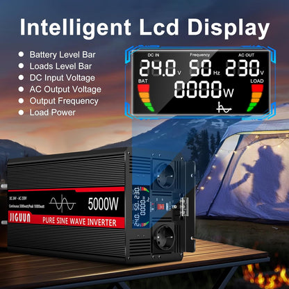 JIGUUN 5000W omvormer 24V naar 230V zuivere sinus power inverter met draadloze afstandsbediening LCD-scherm 2 Eu-stopcontact & 1 USB-poort Piekvermogen 10000W voor auto, camping, reizen,noodgeval