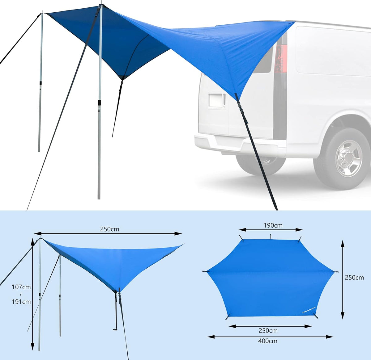 Ultrasport luifelluifel, geschikt voor auto's, bestelwagens en campers, beschermt tegen zon en regen, duurzaam en robuust materiaal, geïntegreerde zuignappen en haringen, palen en riemen, blauw