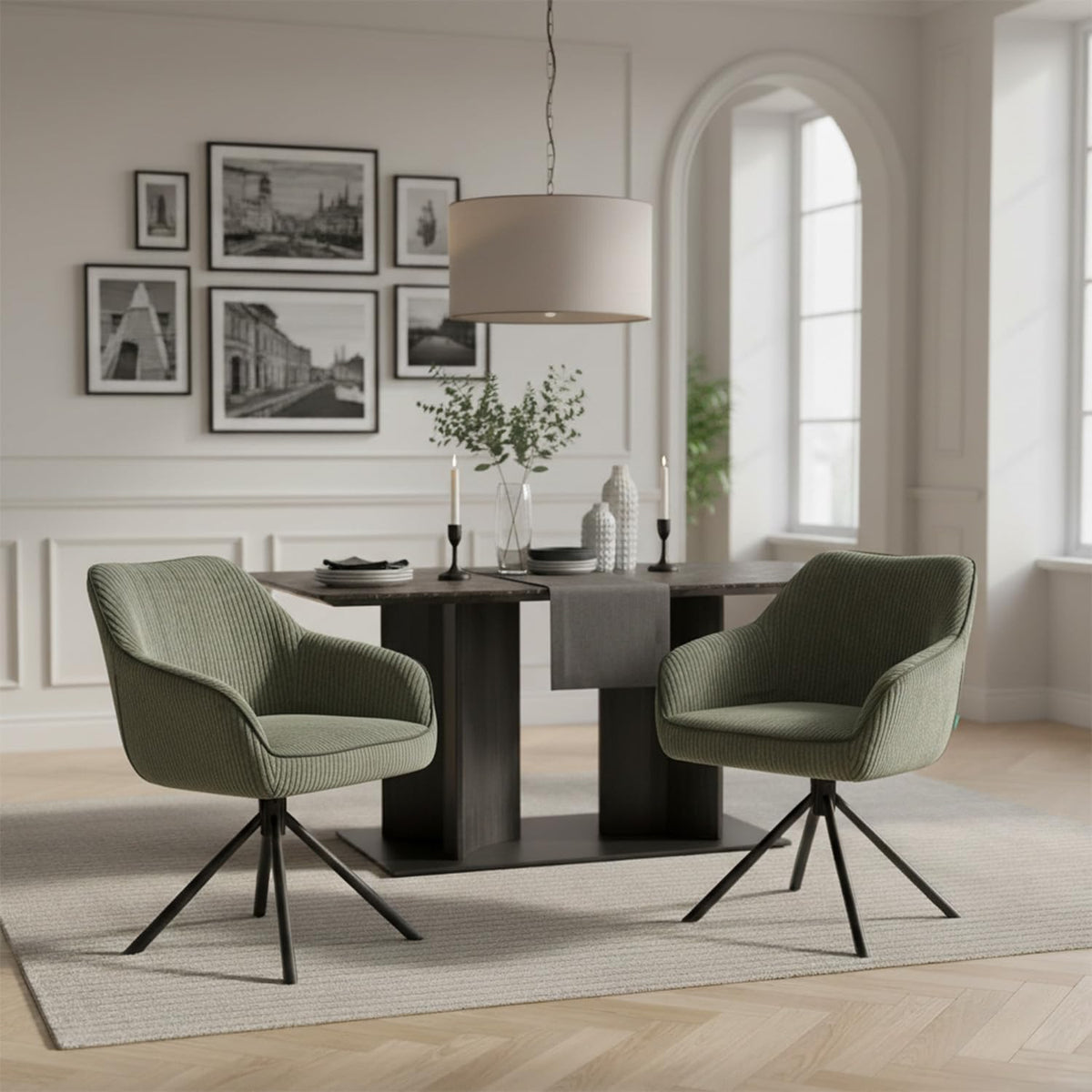 DUBI Möbel Dining Room Chairs Set of 2, 360° Swivel with Pocket Spring, High Seat Comfort, Load Capacity up to 150 kg, Cord Fabric Green, Robust Metal Cross Frame, Modern Design, Mika-Maya - QUORE