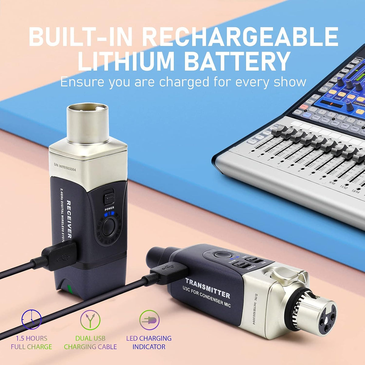 Upgrade Xvive U3C Microfoon Draadloos Systeem Mic Adapter 2,4 GHz Wireless XLR Draadloze Transmitter en Ontvanger Compatibel met Condenser Microfoon, Audio Mixer, PA-systeem en DSLR Camera
