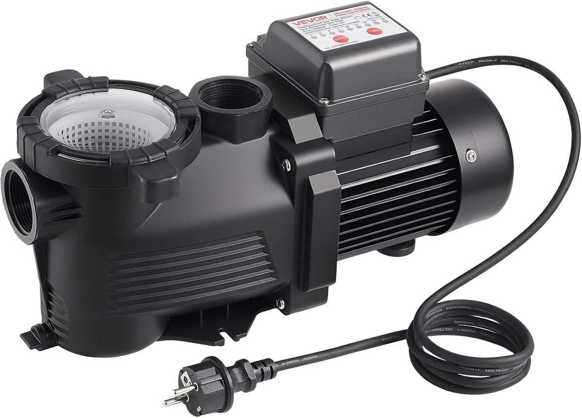 VEVOR Zwembadpomp 550 W, filterpomp max. 14.000 l/u, eentraps zwembadpomp, 3450 tpm, opvoerhoogte max. 12 m, met 24-uurs timer en filtermand, voor