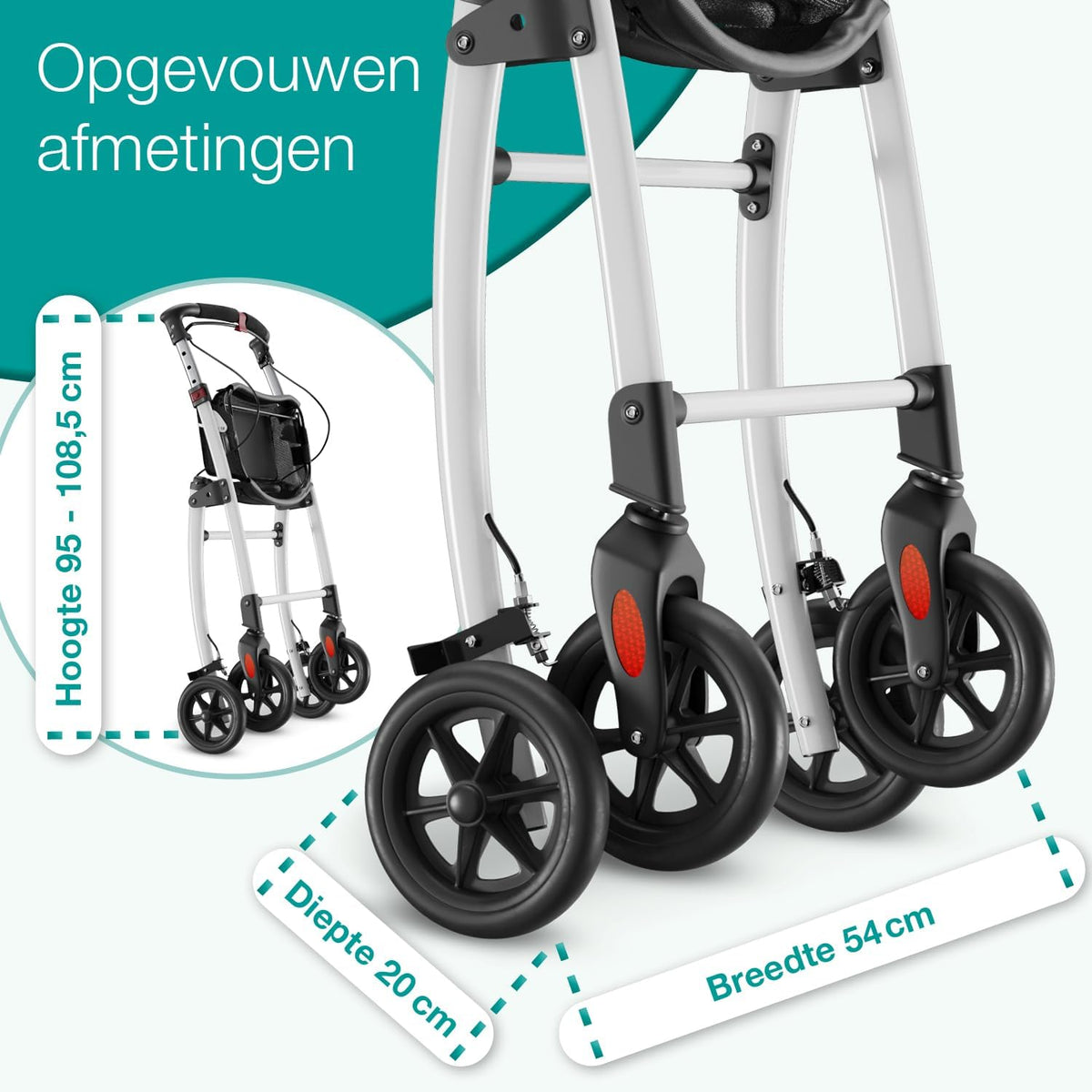 ELONEO Lichtgewicht Rollator voor Binnen - 54 cm Breed, Opvouwbaar Looprek met Dienblad en Stoffen Mandje, Smalle Rollator van Aluminium, Inklapbaar Mobiliteitshulpmiddel, Wit