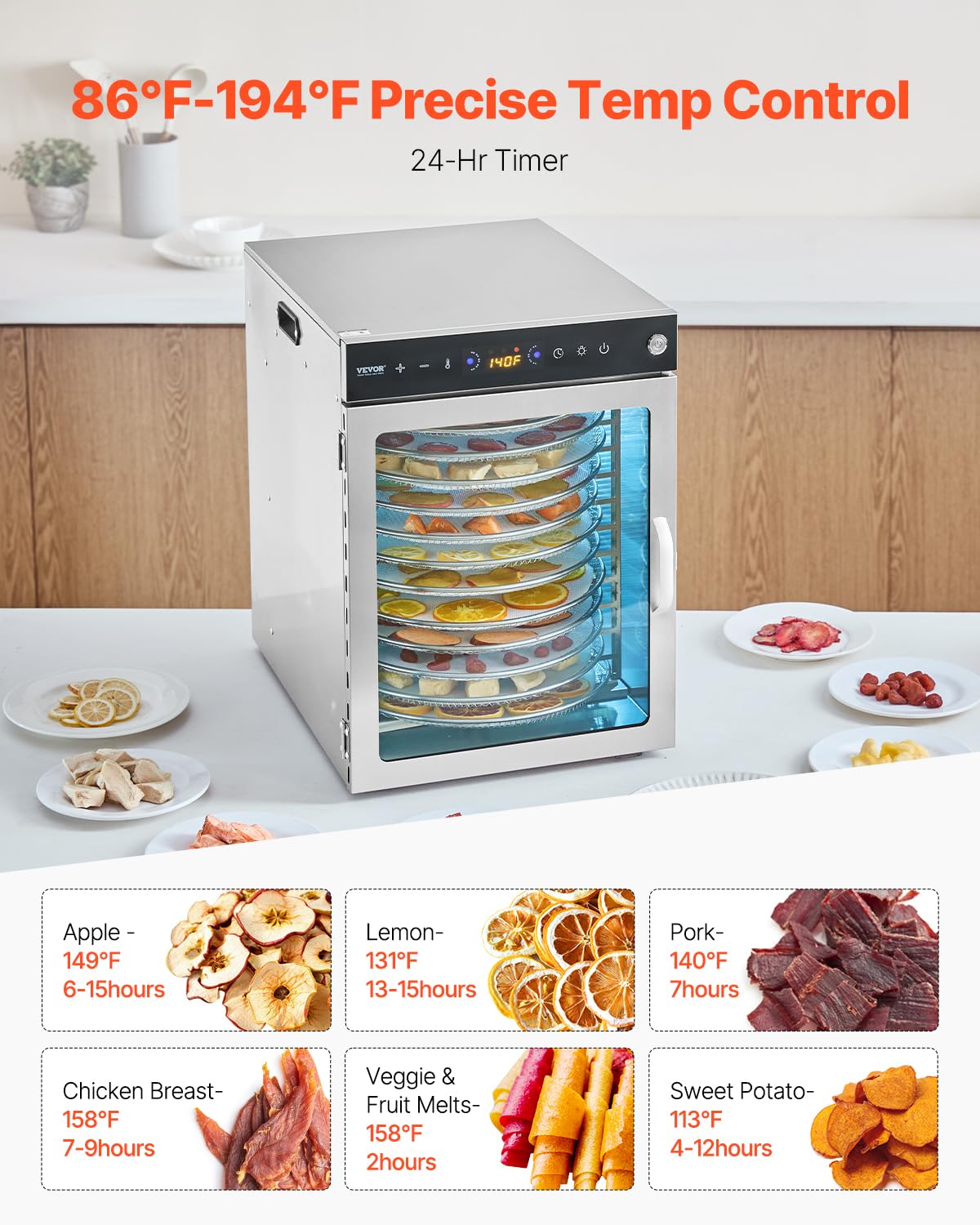 VEVOR Voedseldroger, 12 schalen van roestvrij staal, 800 W, met instelbare temperatuur en 24-uurs timer voor droog, fruit, groenten, kruiden
