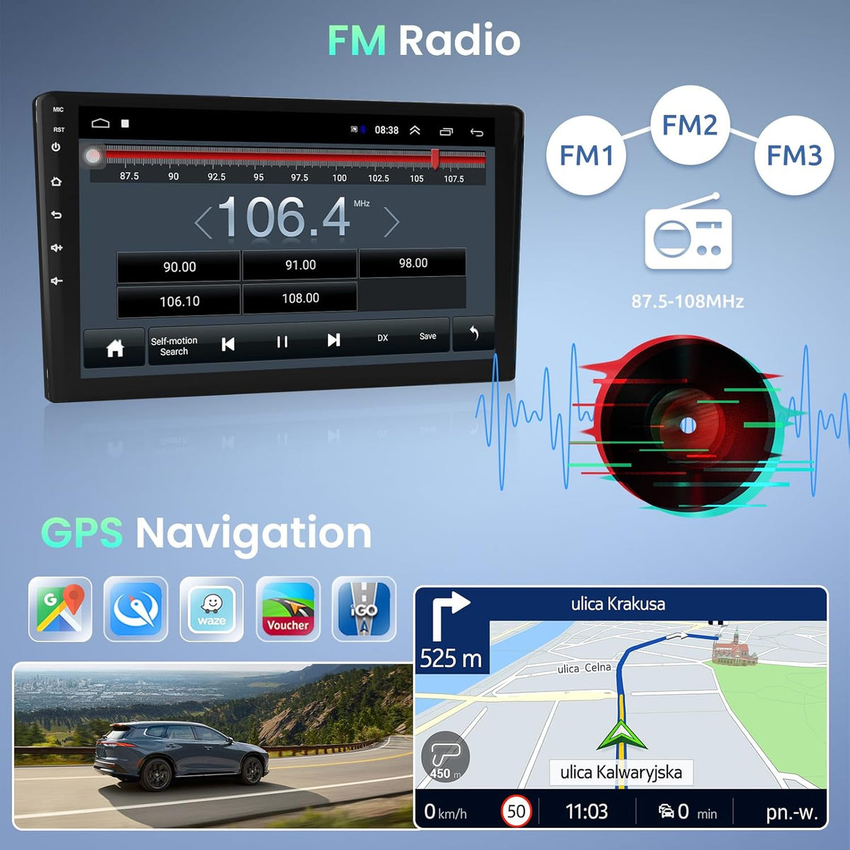 Podofo Android autoradio met GPS voor Peugeot 207 2006-2015, 9-inch touchscreen, wifi, Bluetooth, FM-radio, RDS, MirrorLink, USB-navigatie, videospeler voor Peugeot 207 + achteruitrijcamera