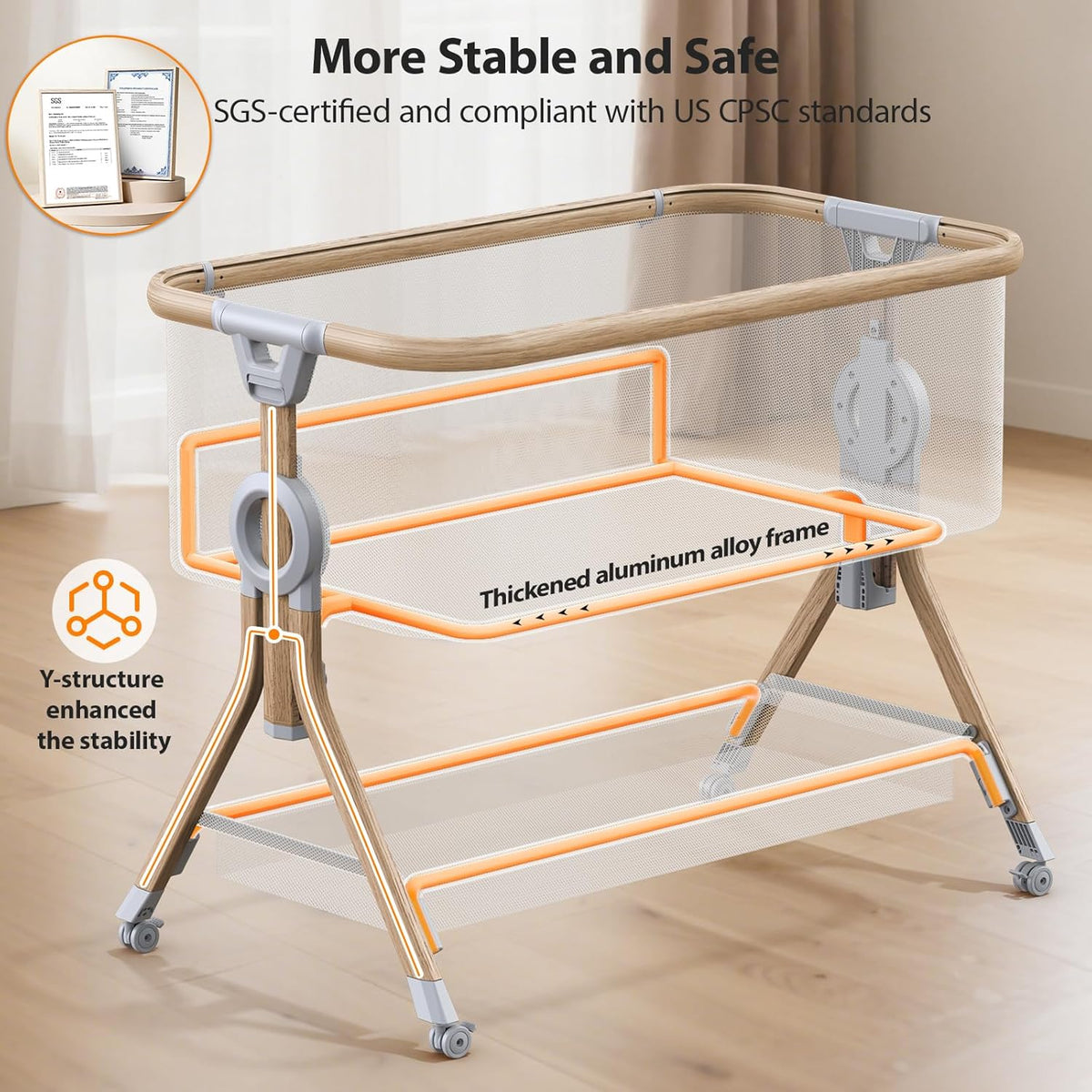 Larex Bijzetbed voor baby's, 3-in-1 babybed met muggennet, opbergtas en mand, in hoogte verstelbaar 5-traps babybed, 4 wielen met rem, ademend matras en mesh (donkergrijs)