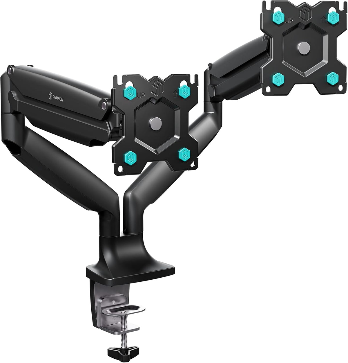 Dubbele monitorhouder Zwart – Monitorarm – Monitorbeugel – Beeldschermhouder – Monitor tafelhouder – Voor 2 schermen 13-32 inch, tot 9 kg per arm – VESA 75x75 & 100x100, Kantelbaar, Zwenkbaar en Draaibaar