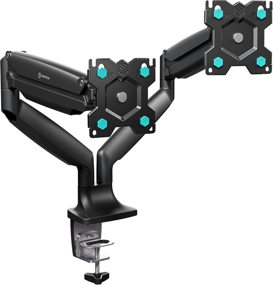 Dubbele monitorhouder Zwart – Monitorarm – Monitorbeugel – Beeldschermhouder – Monitor tafelhouder – Voor 2 schermen 13-32 inch, tot 9 kg per arm – VESA 75x75 & 100x100, Kantelbaar, Zwenkbaar en Draaibaar
