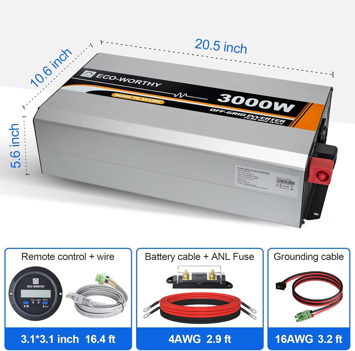 Omvormer – Spanningsomvormer – Inverter – Off-grid Omvormer – Zuivere Sinusgolf – 3000W Continu Vermogen – LCD Display Met Slimme Ventilator