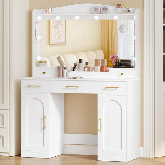 Hzuaneri Dressing Table, Large HD Mirror, 3-Color Adjustable Led Lighting, with Stool, 5 Drawers and 2 Storage Cabinets, Open Storage, Modern Minimalistic, 40 X 108 X 149 cm, White-GoldDT41003X