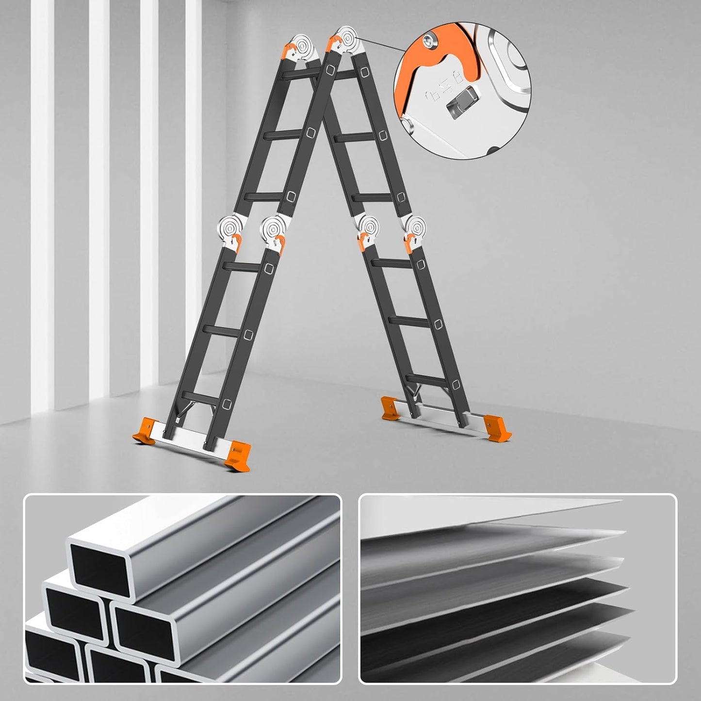 AMHANCIBLE Multifunctionele ladder, 3,4 m aluminium ladder, 4 x 3 treden, trapladder, huishoudladder, tot 150 kg, 12 treden, TÜV/GS-gecertificeerd, antislip, stabiel en robuust, Zwart Oranje EBAL01RN
