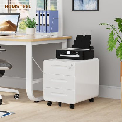 Rolcontainer, mobiele archiefkast met slot, afgeronde hoeken, 4 sleutels, 3 laden, printertafel, reeds voorgemonteerd, voor kantoor, thuiskantoor, 46B x 40D x 50H cm, Wit