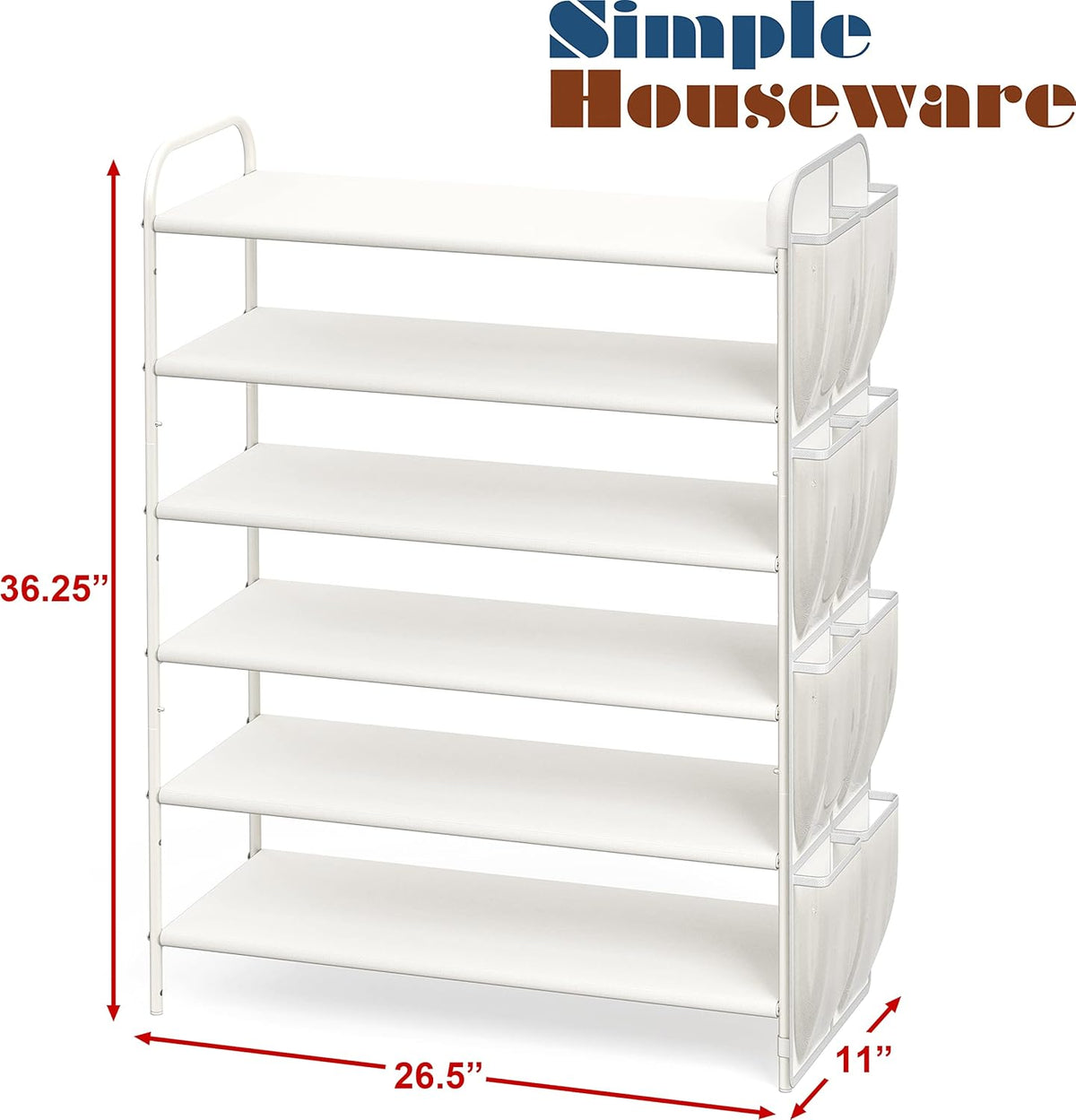 Simple Houseware 6-Tier Shoe Rack Storage Organizer w/ Side Hanging Bag, White - QUORE
