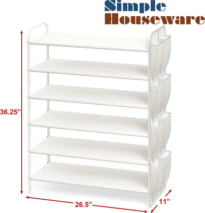 Simple Houseware 6-Tier Shoe Rack Storage Organizer w/ Side Hanging Bag, White - QUORE