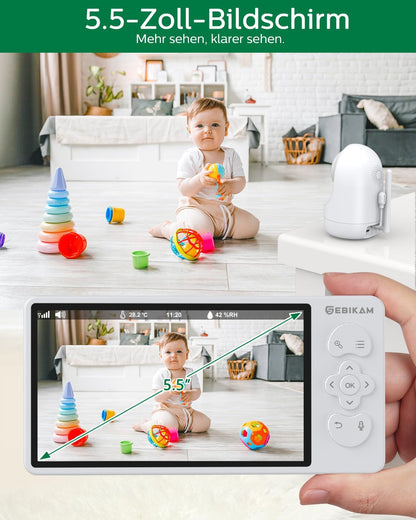2K/3MP Babyfoon met Camera en App, 5,5 Inch Scherm, Bewegings- en Geluidsdetectie, Wifi, 4X Zoom, 4000mAh Accu, PTZ 355° Draaibaar, VOX-Modus, Nachtzicht, 2-Weg Audio, Temperatuuraanduiding