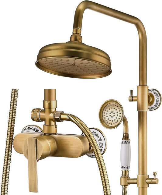 Antiek Regendouche Systeem – Messing Douchekop – Handdouche – Doucherail – Muurmontage – 20 cm Draaibare Kop – Duurzaam Messing Material