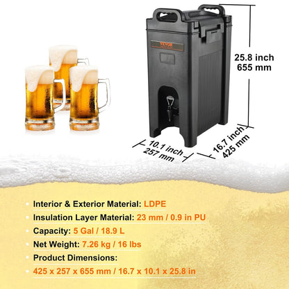 VEVOR Geïsoleerde drankdispenser, 5 gallon, Food-Grade LDPE warme en koude drankserver, Thermische drankdispenser koeler met 0,9 inch PU-laag tweetraps kraanhandvat, voor Restaurant Drankwinkel