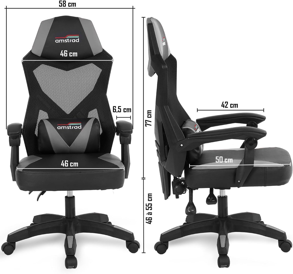 Ergonomische gamingstoel, bureaustoel, wit en zwart, ademend net, verstelbare rugleuning 135 graden