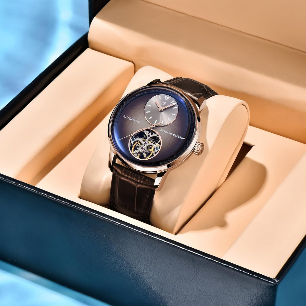 Pagani Design Herenhorloges, automatisch, waterdicht, analoog, individueel design, skelet, kleine lunette met PU-lederen band, elegante cadeaus voor mannen (lichtbruin), bruin