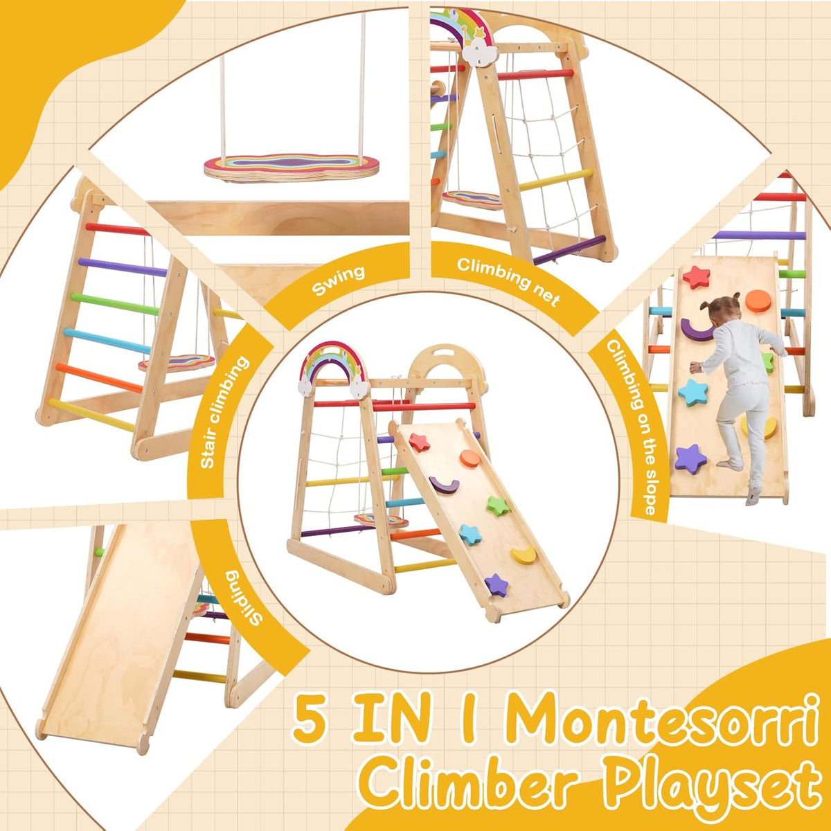 Montessori Klimrek, 5-in-1 indoor speelplaats voor kinderen, met schommel, boog, glijbaan en klimtouw