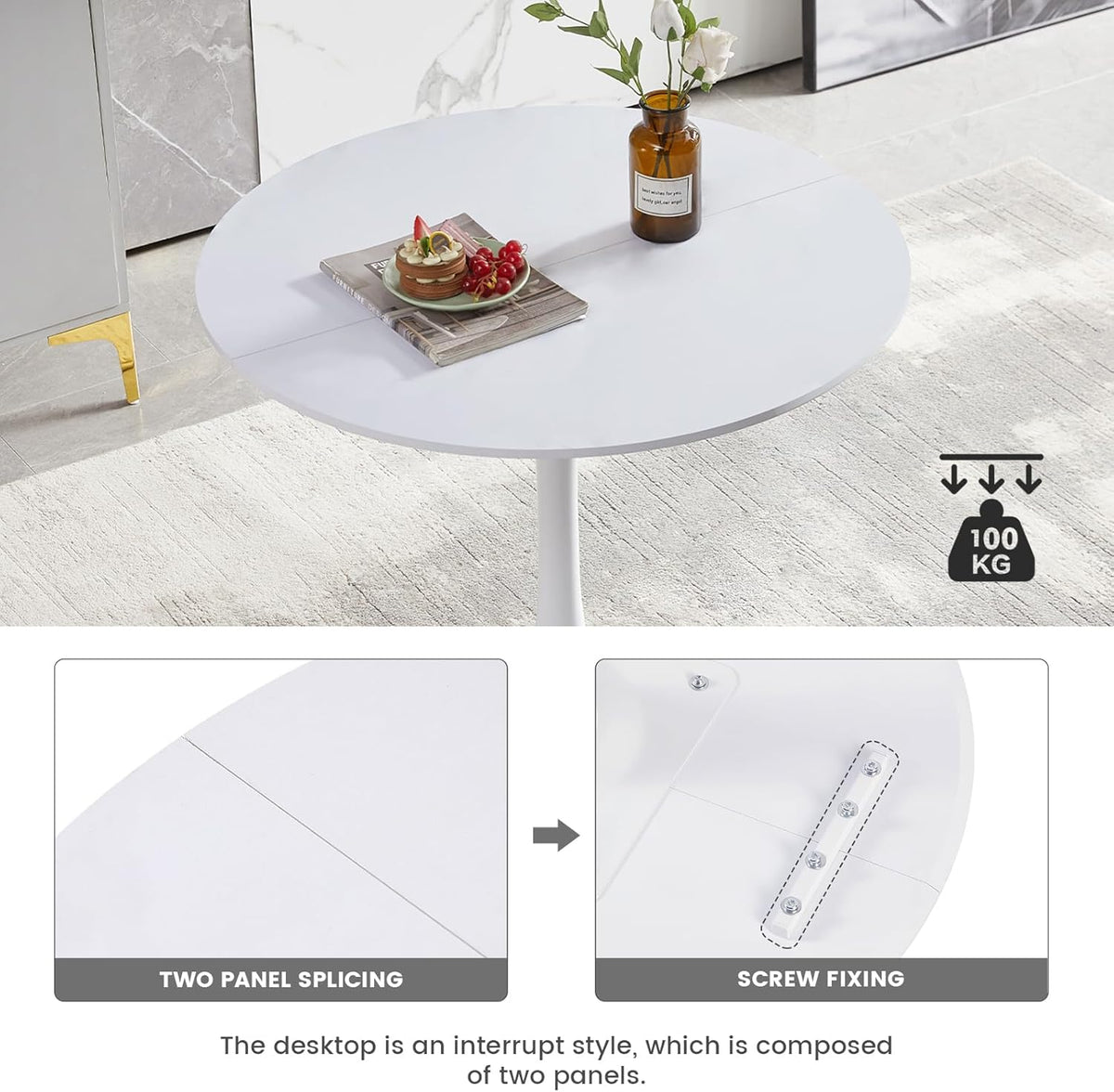 Modern Round Dining Table, Bar Table, Desk, Suitable for Kitchen, Dining Room, Living Room and Office, for 2-4 People, Diameter 100 cm, White - QUORE