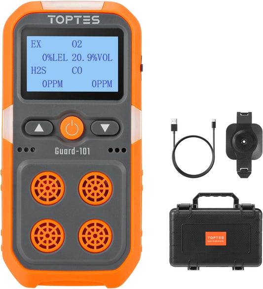 TopTes Guard-101 4 Gasmonitor Multi Gasdetector voor H2S, CO, LEL en O2, met trillingen, visuele en hoorbare alarmen, 14 uur lange batterijduur, explosiebestendige veiligheid, gasmonitor voor werk