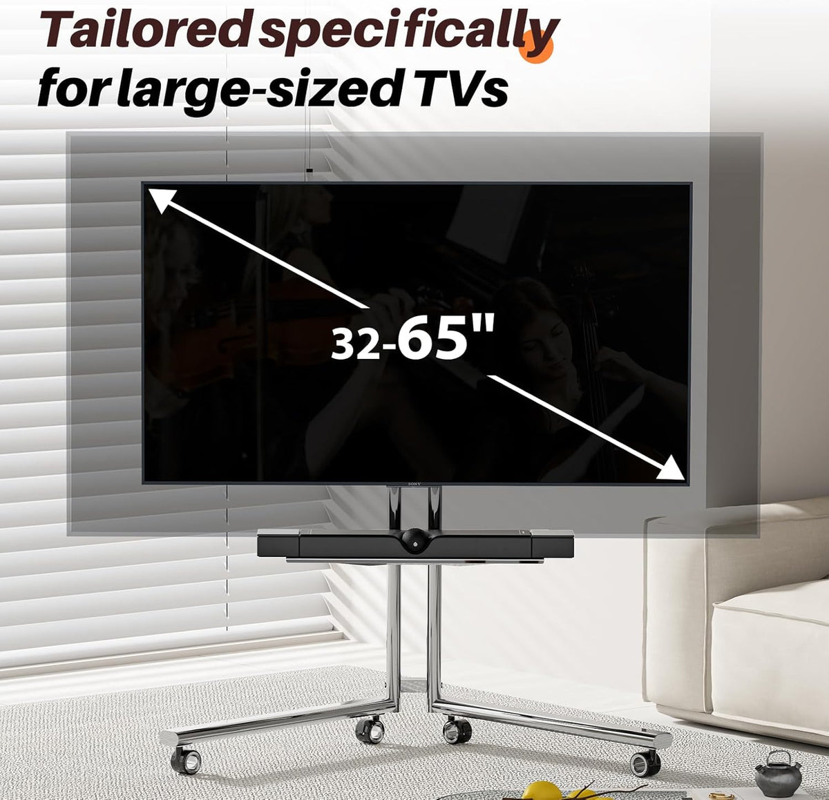 Mobiele tv-kar ezel rollende tv-standaard met soundbar-plank voor schermen van 32 tot 65 inch, minimalistisch roestvrijstalen frame met 360 ° wielen, draagbare vloer-tv's staan tot 80 lbs Max VESA