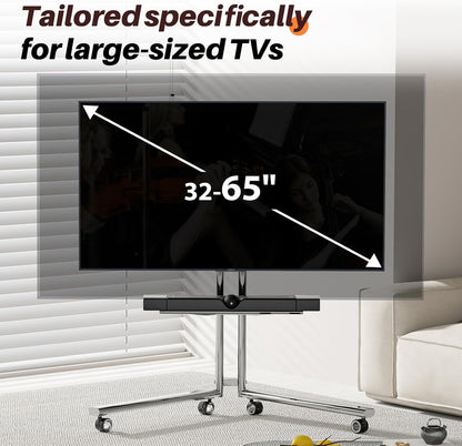 Mobiele tv-kar ezel rollende tv-standaard met soundbar-plank voor schermen van 32 tot 65 inch, minimalistisch roestvrijstalen frame met 360 ° wielen, draagbare vloer-tv's staan tot 80 lbs Max VESA