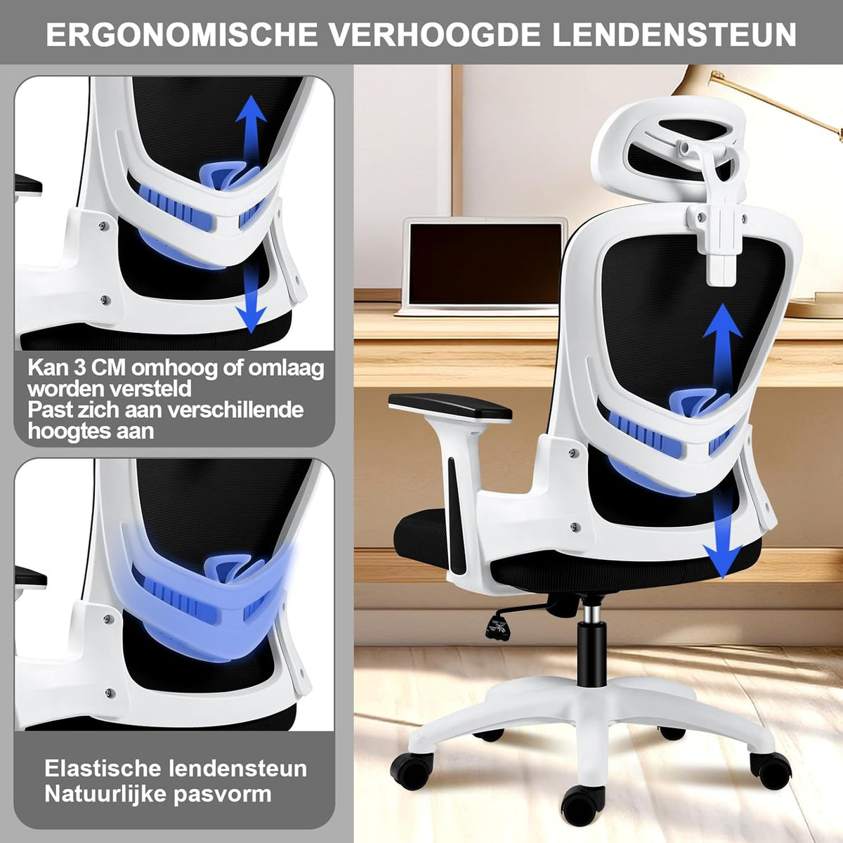 Ergonomische Bureaustoel – Bureaustoel Met Lendensteun – Bureaustoel Met Verstelbare Armleuningen – Kantoorstoel – Mesh Stoel – Verstelbare Hoofdsteun – Ademend Mesh Kussen – 150 KG Draagvermogen