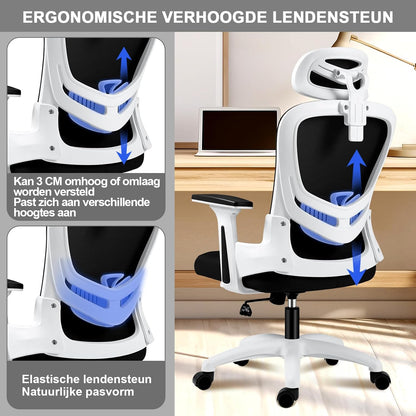 Ergonomische Bureaustoel – Bureaustoel Met Lendensteun – Bureaustoel Met Verstelbare Armleuningen – Kantoorstoel – Mesh Stoel – Verstelbare Hoofdsteun – Ademend Mesh Kussen – 150 KG Draagvermogen