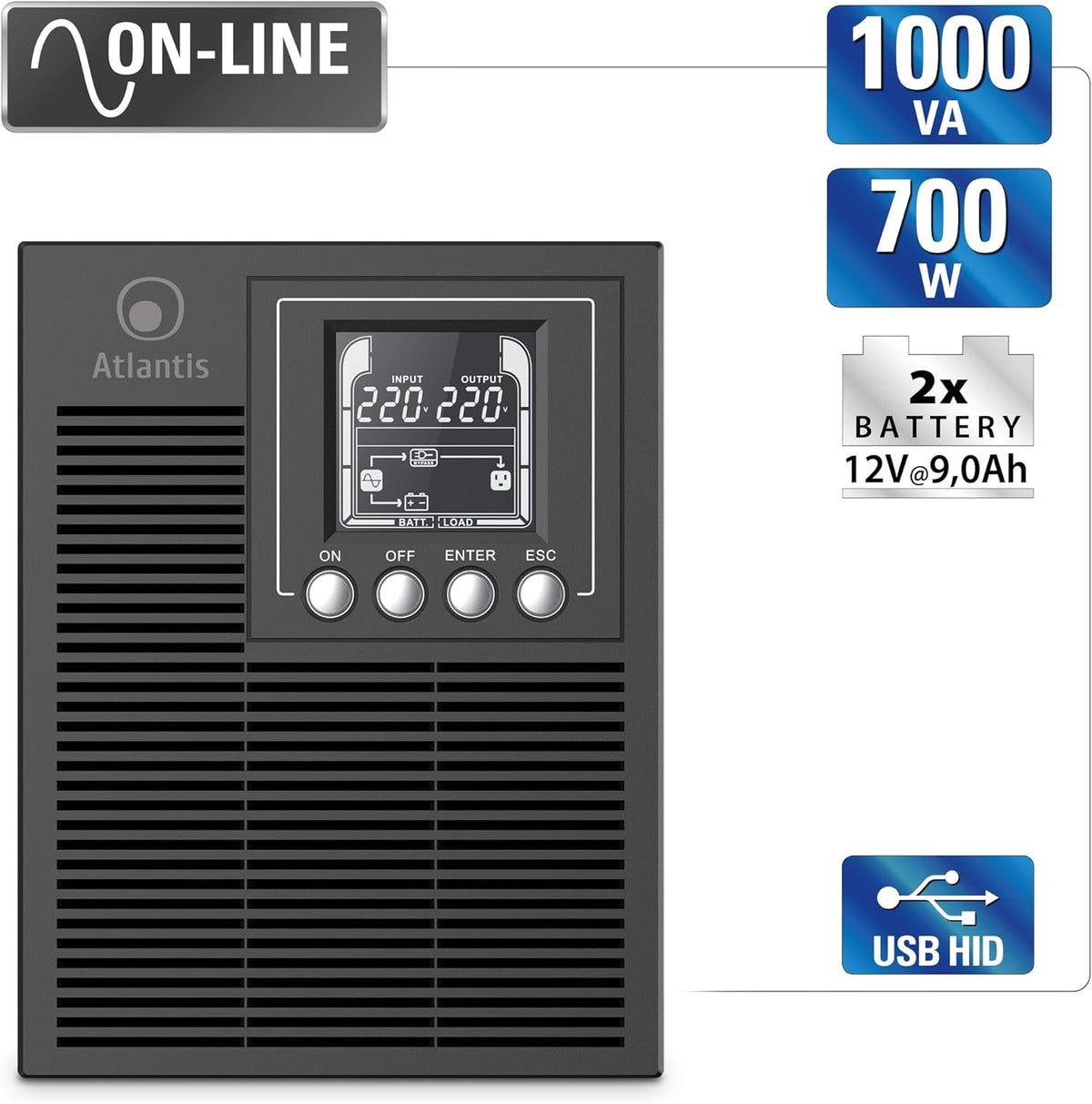 Atlantis A03-OP1002XLN UPS OnLine 88% stillere onderbrekingsgroep, server, dubbele conversie, zuivere sinusgolf, 1000 VA 700 W, Low Noise Gelid ventilator 23,6 dbA, USB, 2 Schuko + 1 IEC, 2 x 12 V-9