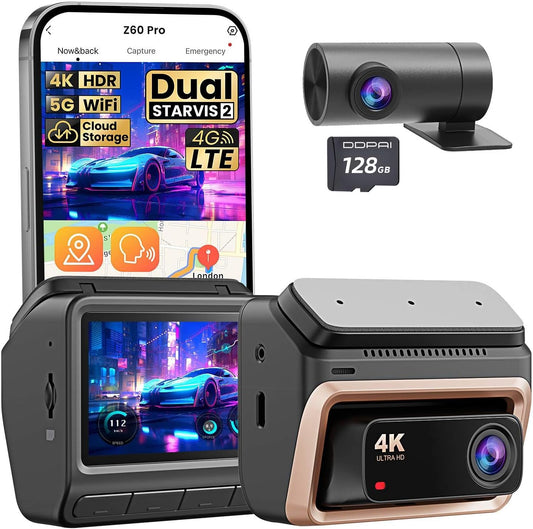 DDPAI Dashcam 4K+1080P Dual STARVIS 2 IMX678 60FPS HDR Dashcam Auto Voor en Achter met 32GB eMMC, AI-ISP Nachtzicht, 4G LTE Ondersteuning, 5GHz WiFi GPS, 24H Parkmodus, 3" IPS Display, Z60 Pro
