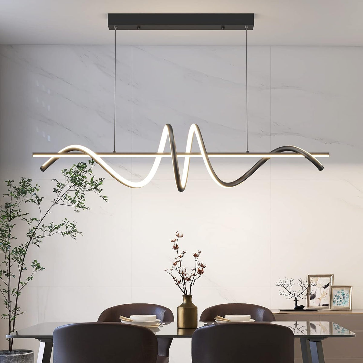 Mikeru Hanglamp voor eettafel, 100 cm, spiraalvormige eetkamerlamp, modern design, zwart, dimbaar, met afstandsbediening, led-hanglamp voor eetkamer, kantoor